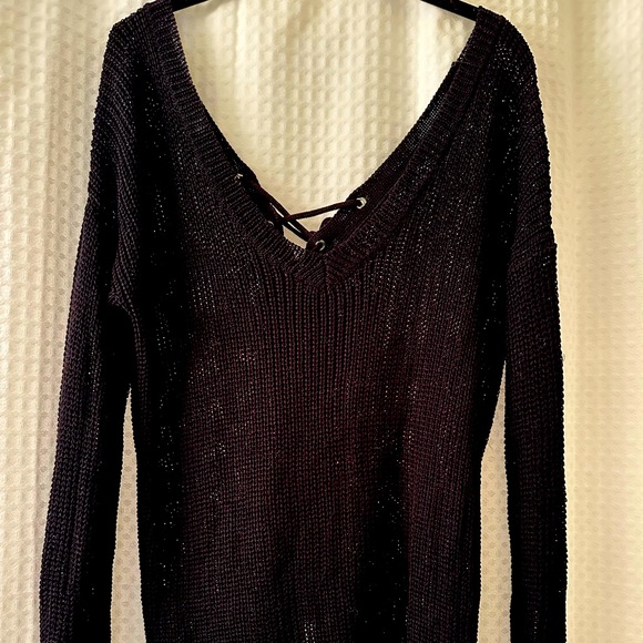Pookie&Sebastian light knit black sweater. Laces up back + hangs off shoulder. - Picture 1 of 3